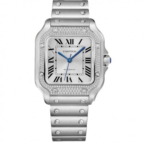 Santos de Cartier Watch, Medium Model, Automatic, Steel, Diamonds