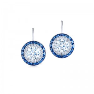 Kwiat 18k White Gold Diamond and Sapphire"Silhouette" Drop Earrings (34) Round Diamonds 1.36 ctw (FG - VS