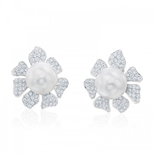 2.34ctw White Gold Diamond & Pearl Flower Earrings