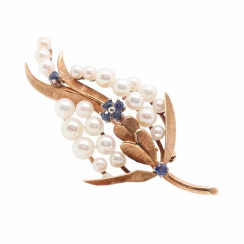 Pearl & Sapphire Yellow Gold Pin