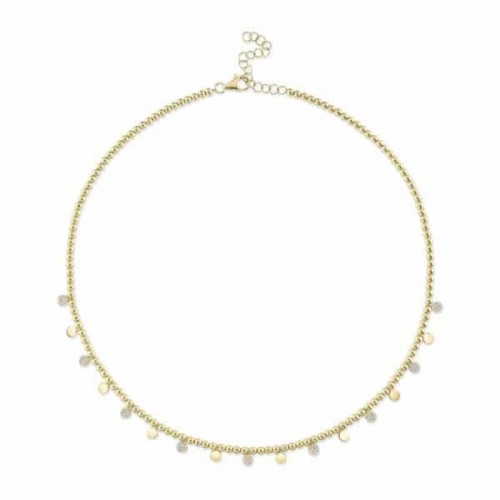 Yellow Gold Diamond Pave Circle Bead Chain Necklace