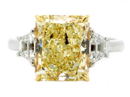 Rahaminov Platinum 3-Stone Radiant Cut 5.73 Carat Fancy Yellow Diamond Ring