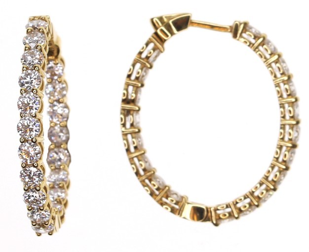 18k Yellow Gold & Diamond Oval Shape Hoop Earrings  with 3.99 Total Carat Weight of Round Diamonds