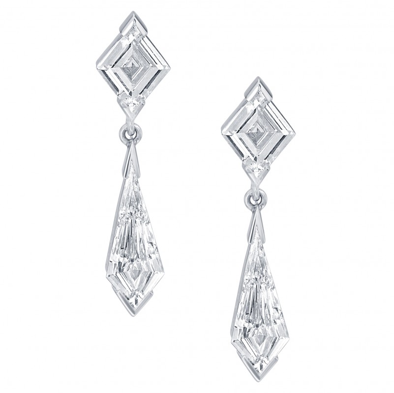 Platinum Kite Shape & Emerald Cut Diamond Earrings