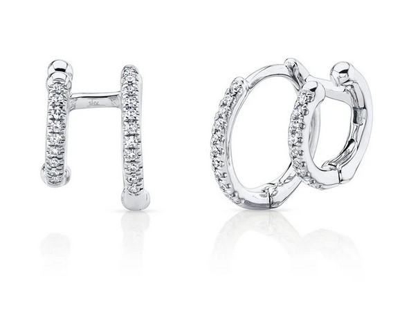 14k White Gold Diamond Double Huggie Hoop Earrings