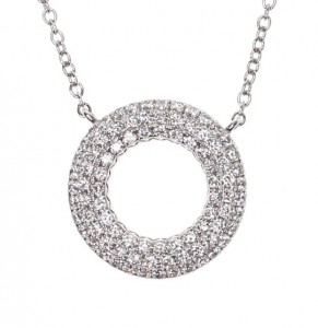 14k White Gold Diamond Pave Circle Necklace With 0.98 Carats of Round Diamonds.