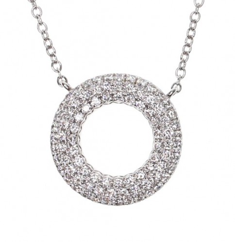 14k White Gold Diamond Pave Circle Necklace With 0.98 Carats of Round Diamonds.