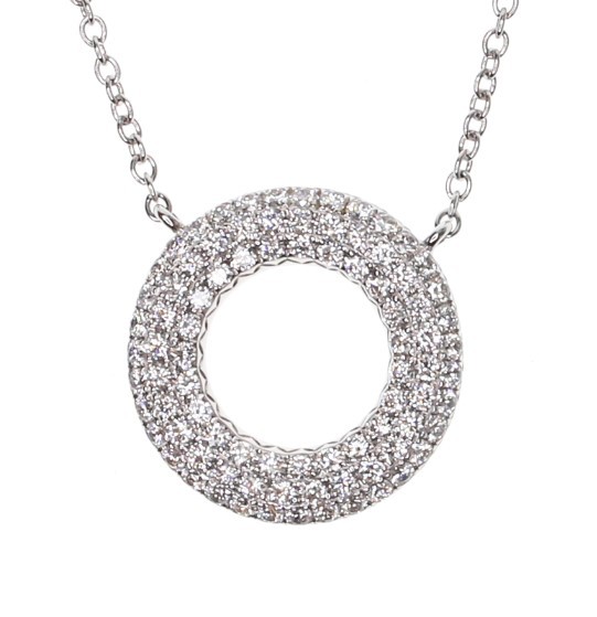 14k White Gold Diamond Pave Circle Necklace With 0.98 Carats of Round Diamonds.