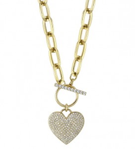 14k Yellow Gold Pave Heart Paper Clip Link Pendant