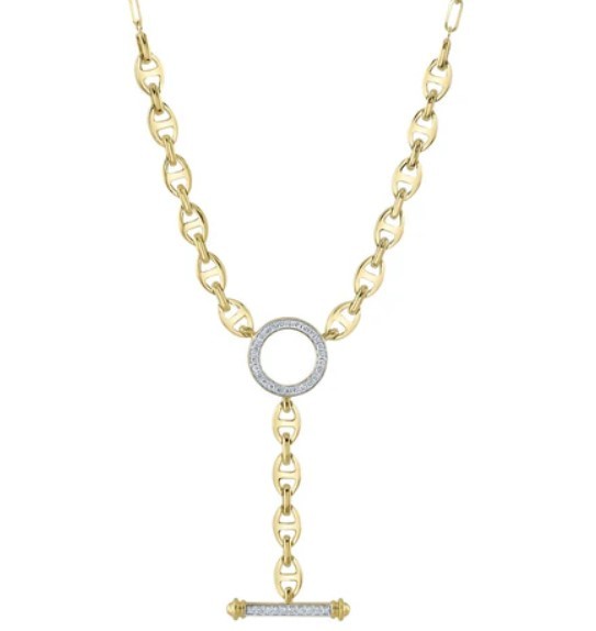 14k Yellow Gold Diamond Circle Link Lariat Necklace With 0.24 Carats of Round Diamonds.