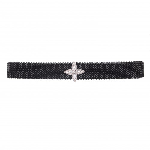 Mariani Black Flexible  Steel Mesh Bracelet with Diamond Flower