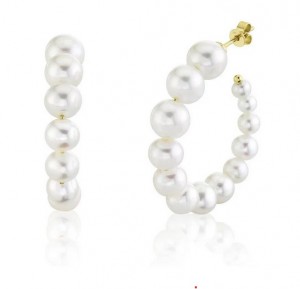 14K Yellow Gold Round Cultured Pearl Hoops