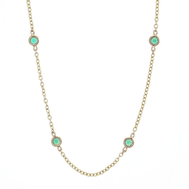 18k Yellow  Chain  Necklace With Emerald Stations