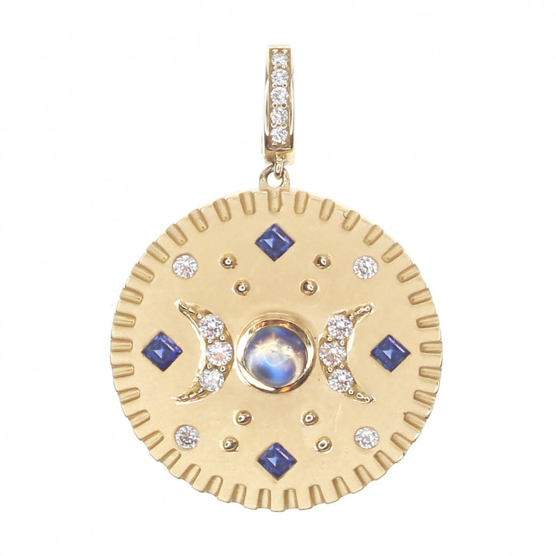 18k Yellow Gold Moon Medallion With Diamonds, Sapphires and Moon Stone.