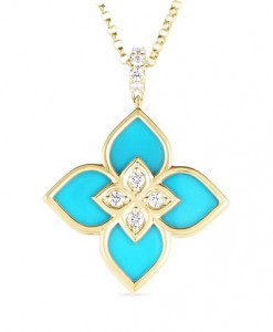 Roberto Coin 18k Yellow Gold Venetian Princess Diamond & Turquoise Flower Pendant Necklace