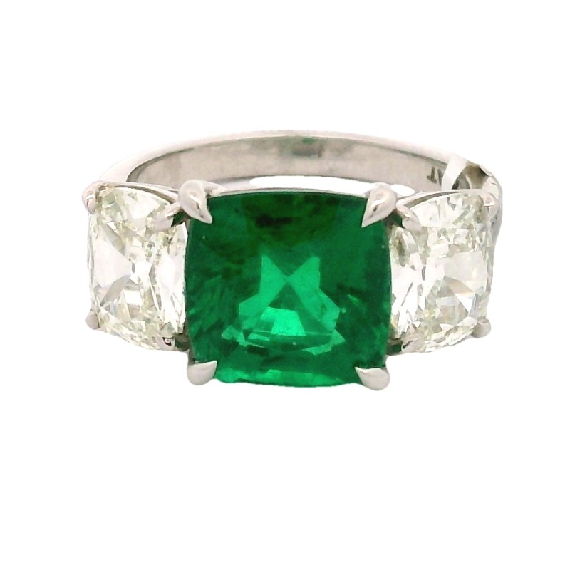 Platinum 3.44 Carat Cushion Cut Emerald & Diamond Ring