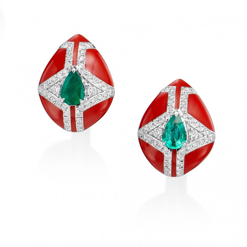 18K White Gold Diamond, Emerald, & Orange Enamel Studs