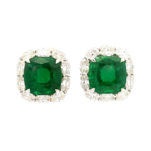 18K White Gold Cushion Cut Emerald and Oval Diamond Earrings