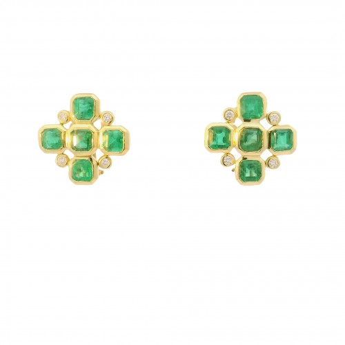 18k Yellow Gold Emerald & Diamond Earrings