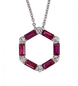 18k White Gold Diamond and Ruby Hexagonal Pendant