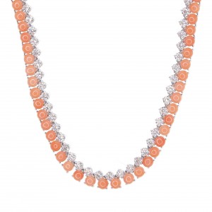 18k White Gold Necklace With Peach Coral & Diamonds