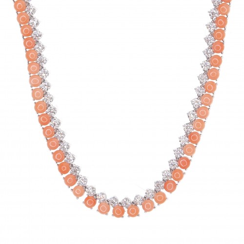 18k White Gold Necklace With Peach Coral & Diamonds