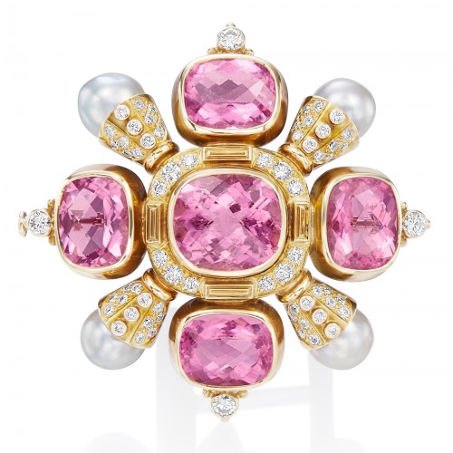 Estate Elizabeth Gage Yellow Gold Pearl, 24.67ctw Pink Tourmaline & 1.67ctw Diamond Kiss Pin